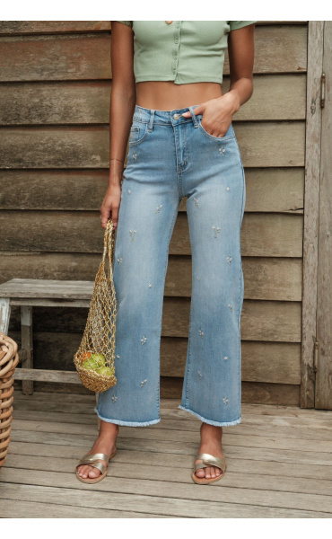 Módní džíny s výšivkou 7/8 wide-leg Onado H5088