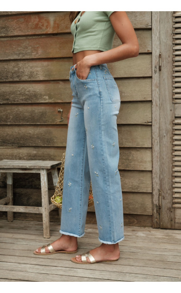 Módní džíny s výšivkou 7/8 wide-leg Onado H5088