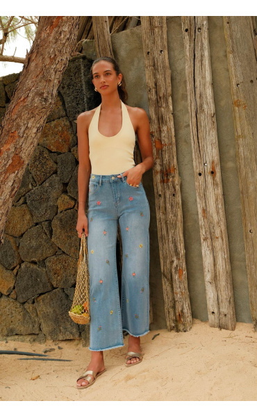 Módní džíny s výšivkou 7/8 wide-leg Onado H5046